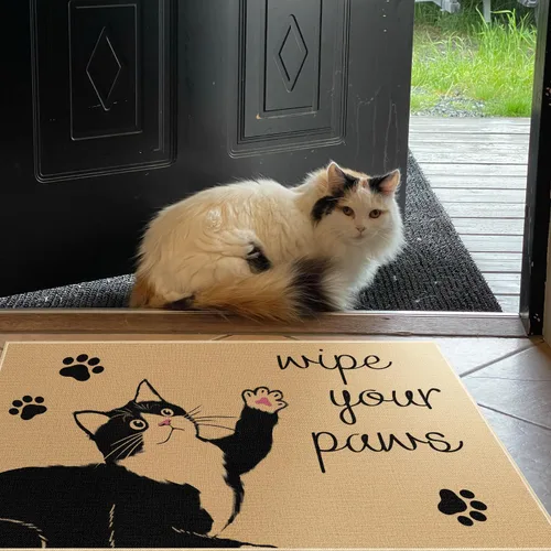 Vista 6 de Louise Maelys Wipe Your Paws Tapete de Puerta de Bienvenida Antideslizante, Divertidos Tapetes Delanteros de Gato Negro de Primavera Verano, Tapete