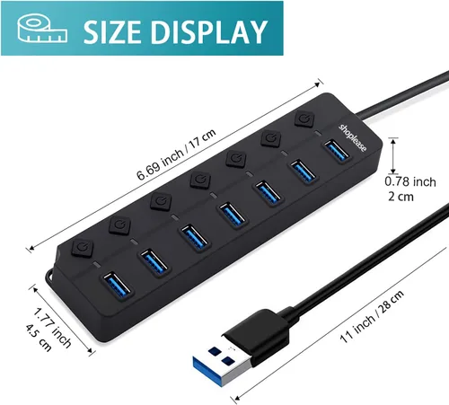 Vista 7 de Divisor USB 3.0, concentrador USB 3.0 de 7 puertos con interruptores y luces individuales, concentrador de datos de expansión portátil con adaptador