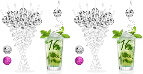 Vista 9 de 16 piezas de decoración de fiesta de discoteca, mini bola de discoteca, pajitas reutilizables rosadas Disco Straws with Upgrade Disco Ball for