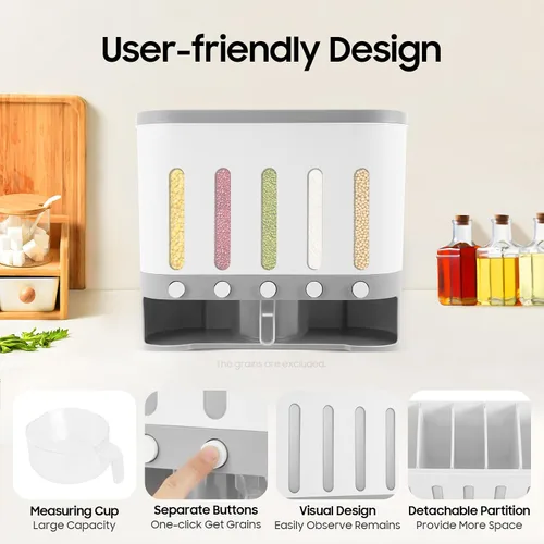 Vista 4 de Dispensador de arroz con taza, dispensador de alimentos secos de 5 rejillas montado en la pared, cubo de arroz, contenedor de almacenamiento