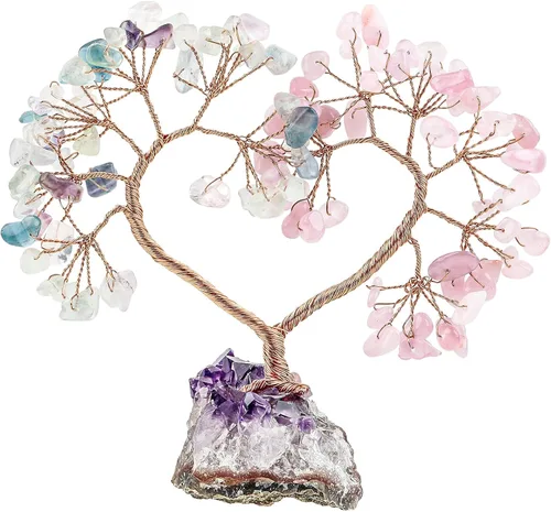 Vista 14 de mookaitedecor Árbol de cristal de corazón de aguamarina con base de amatista natural, árbol de dinero de la suerte para adorno de boda, Feng Shui