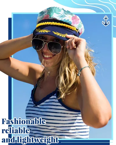Vista 4 de Mepase 4 sombreros de capitán ajustables florales para disfraz de marinero y 4 pares de lentes de sol clásicos de metal para mujeres y hombres