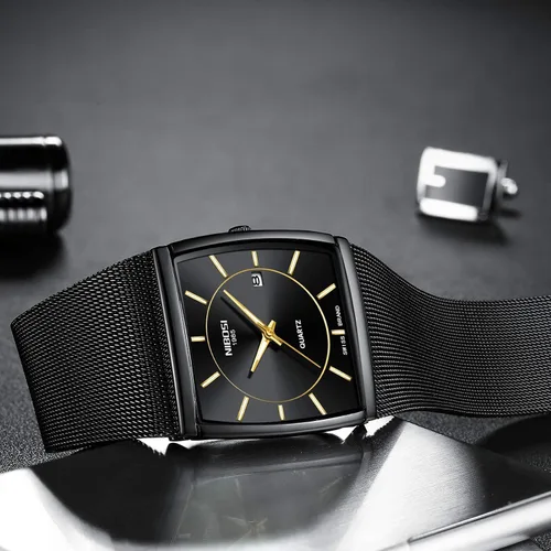 Vista 4 de NIBOSI Relojes para hombre de moda de lujo casual con correa de malla impermeable con fecha cuadrado