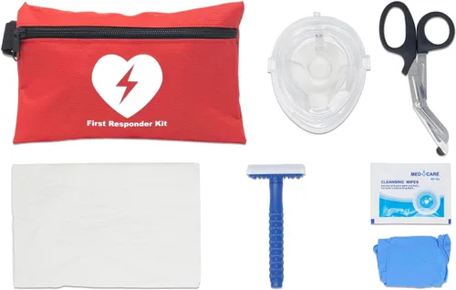 Vista 2 de Kit de primeros auxilios. Diseñado para contener los componentes necesarios para su uso con un DEA. Rojo