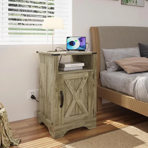 Vista 12 de FansaFurn Farmhouse - Mesa auxiliar con estación de carga para dormitorio Mesitas de noche rústicas blancas con armario de almacenamiento y Blanco