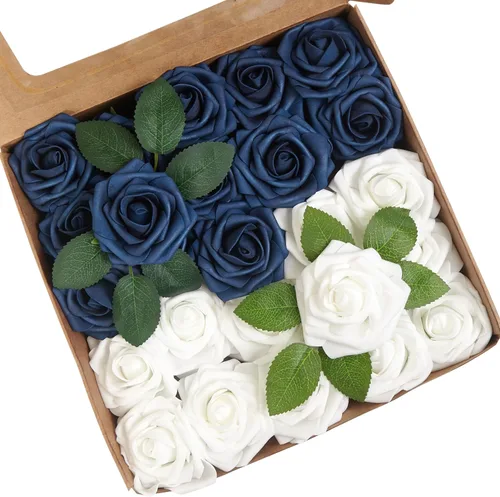 Vista 18 de Flores artificiales, 25 piezas, rosa artificial azul bebé para ramos de boda, centros de mesa, arreglos, flor falsa con tallos para decoración