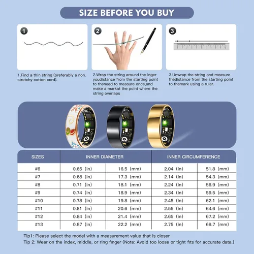 Vista 5 de Smart Ring - Rastreador de salud para mujeres y hombres, rastreador de sueño con frecuencia cardíaca, SpO₂, presión arterial, anillo de fitness