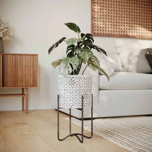 Vista 6 de EverNest Tristan - Maceta neutra de diseño bohemio blanco y negro con soporte Ambrose, macetas SelectBase para plantas