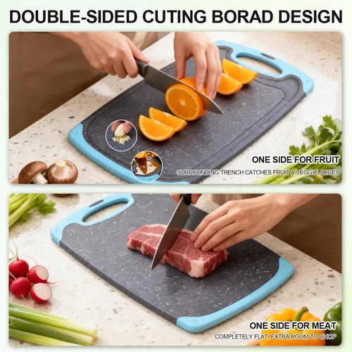 Vista 6 de Tabla de cortar de plástico, 3 tablas de cortar aptas para lavavajillas con ranuras para jugo, mango de fácil agarre, antideslizante, con área