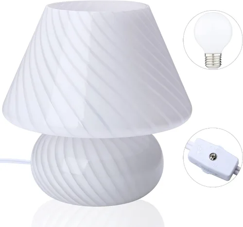 Vista 5 de BSOD Lámpara de seta con remolino, lámparas vintage de mesa de noche de 9.9 pulgadas, cristal de Murano translúcido blanco a rayas, luz nocturna