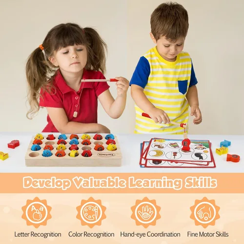 Vista 3 de Torlam Juguete magnético de pesca de madera para niños pequeños, juguete de habilidad motora fina, aprendizaje del alfabeto ABC para niños pequeños