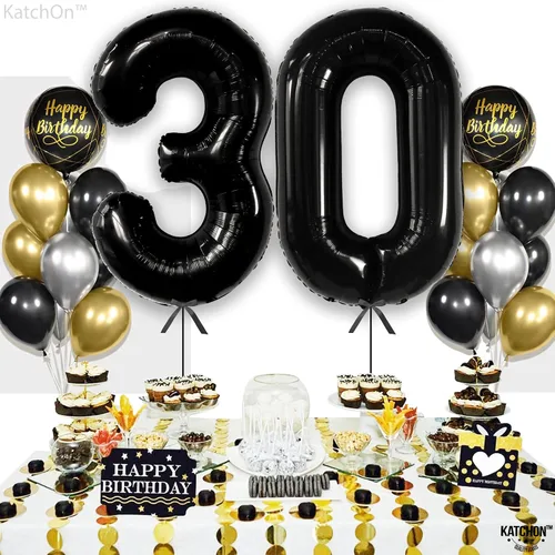 Vista 2 de Katchon, Globos negros del número 30, 40 pulgadas, globos negros de 30 cumpleaños, decoraciones de cumpleaños de 30 para él y ella, decoraciones