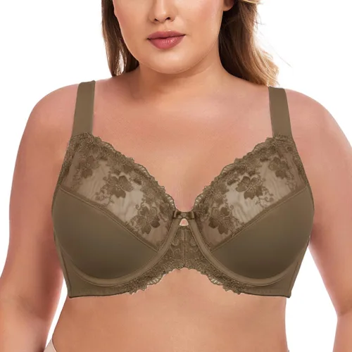 Vista 11 de TELIMUSSTO Brasier con aros de encaje floral de cobertura completa para mujer, talla grande, sin relleno, cómodo Beige