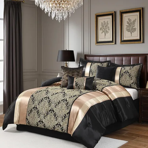 Vista 2 de SahSahCasa Juego de edredón de lujo de 7 piezas, cama en una bolsa, tamaño Queen, juego de ropa de cama jacquard sedoso y esponjoso con falda