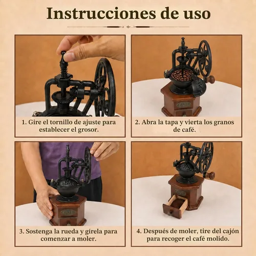 Vista 8 de Molinillo de café manual vintage con manivela de rueda de hierro fundido, molinillo de café de madera con rebabas de cerámica, tamaño de molienda