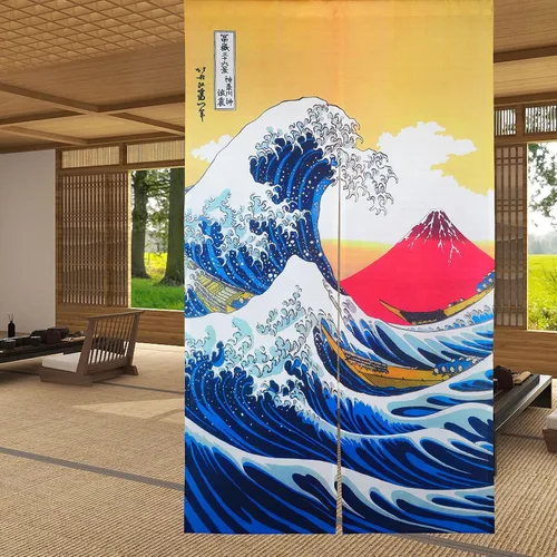 Vista 16 de LIGICKY Cortina japonesa Noren para puerta, diseño de círculo, estampado, para decoración del hogar, 33.5 x 59 pulgadas