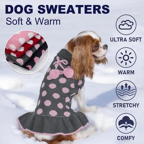 Vista 5 de KYEESE Suéteres para Perros con Agujero para la Correa Suéter Vestido Pequeño de Cuello Alto para Perros para Hembra Tejido de Lunares Cálido Ropa