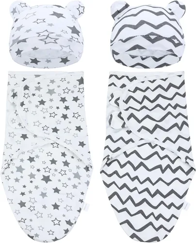 Vista 14 de Cinaci 2 piezas ajustables de algodón suave para bebé, gorros para bebé, gorros, gorros, gorros, manta para envolver al bebé, niñas, niños y recién