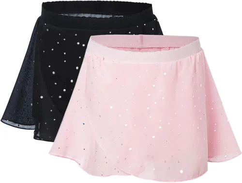 Vista 10 de Falda de Danza de Ballet para Niñas de 3 a 12 Años, Brillante, de Ponerse/Envolvente, Ropa de Danza de Gasa, Rosa, Negro, Blanco, Morado Negro