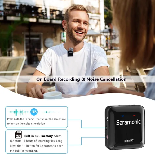 Vista 2 de Saramonic Blink M2 - Micrófono inalámbrico Lavalier para cámaras, grabación integrada, rango de 656 pies, duración de la batería de 12 horas
