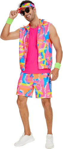 Vista 4 de KBJALQ 80S 90S Workout Costume Halloween Costumes for Adult Mens Cosplay Outfits Swimwear Suit With Sun Hat