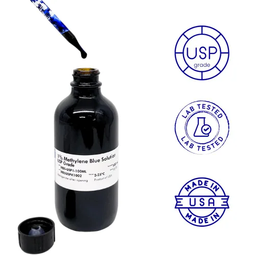Vista 3 de Solución azul de metileno al 1% con gotero - Grado USP/Pharma - Líquido filtrado de 1 μm - 3.4 fl oz
