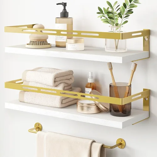 Vista 9 de YGEOMER - Estantes flotantes para organizador de baño sobre inodoro, estantes de baño montados en la pared con toallero, estante de pared