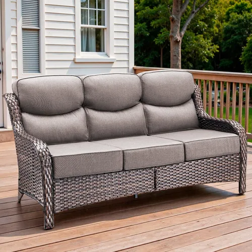 Vista 20 de Sofá de lujo para patio al aire libre, sofá de mimbre resistente para todo tipo de clima, sofá de 3 plazas con asiento profundo y funda extraíble