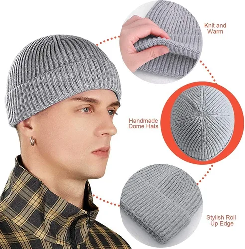 Vista 5 de vidsel Gorro Corto de Pescador para Hombres y Mujeres, Gorro de Lana Tejida con Puño Estilo Moderno de Arrastrero, Gorros Cálidos de Invierno