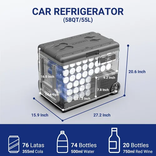 Vista 5 de BODEGACOOLER - Refrigerador de coche de 12 voltios, refrigerador de automóvil de 58 cuartos (55 L) con ruedas, congelador portátil