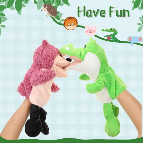 Vista 7 de Wettarn 10 piezas de marionetas de animales de mano de 12 pulgadas de felpa suave, diseño de león, orangután, jirafa, tigre, cerdo, elefante