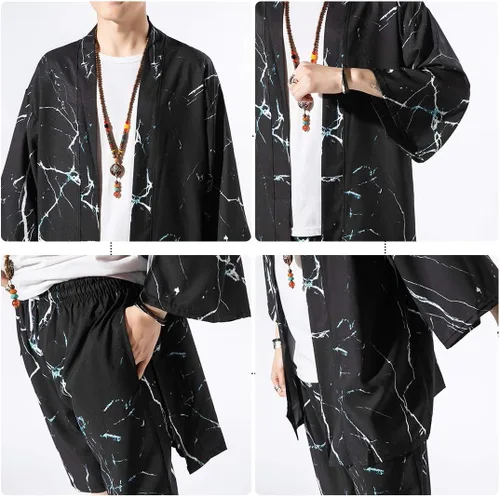Vista 7 de Ambcol Men's Japanese Style Kimono Tops Shorts Sets Lightweight Casual 34 Sleeve Open Front Cardigan Suits