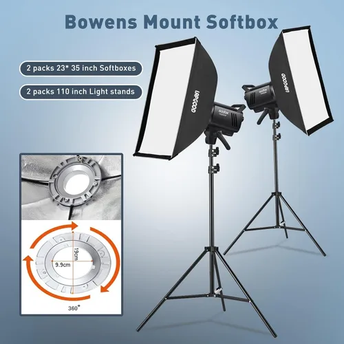 Vista 6 de Godox Kit de flash de estudio MS300V (2 x 300 W) con 2 cajas de luz, 2 soportes de luz, 2 reflectores, lámparas de modelado LED, sistema inalámbrico