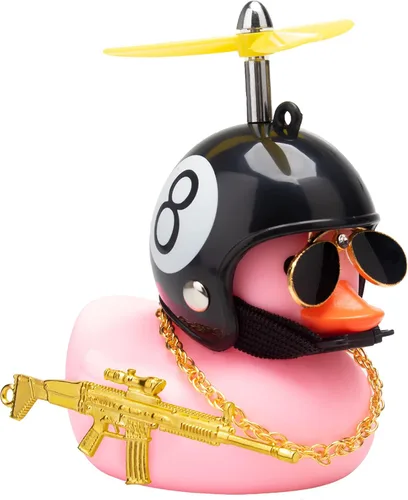Vista 9 de wonuu Adornos de pato de goma para tablero de automóvil, juego de decoraciones de pato rosa con casco de hélice, lentes de sol, cadena dorada