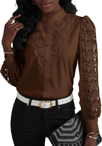 Vista 3 de Rooscier Blusa Elegante de Encaje de Crochet con Cuello Alto Simulado de Manga Larga con Botones para Mujer Top