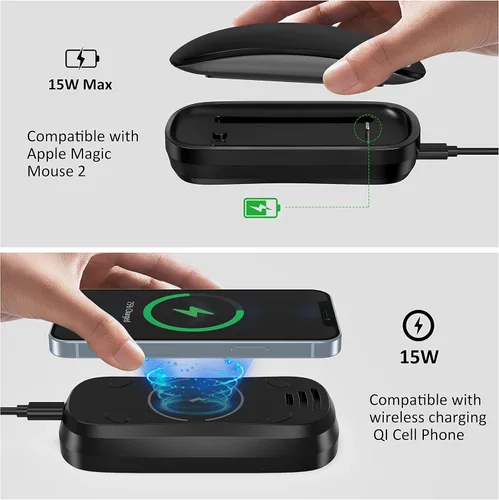 Vista 8 de HONKID Estación de carga inalámbrica para Magic Mouse 2, teléfono móvil QI y AirPods, carga de doble cara, base de carga inalámbrica 3 en 1, cable