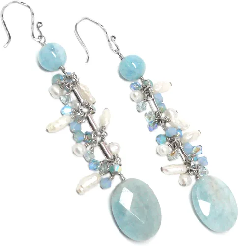 Vista 2 de Faceted Aquamarine Cultured Pearl Cluster Drop Dangle Earrings Sterling Silver