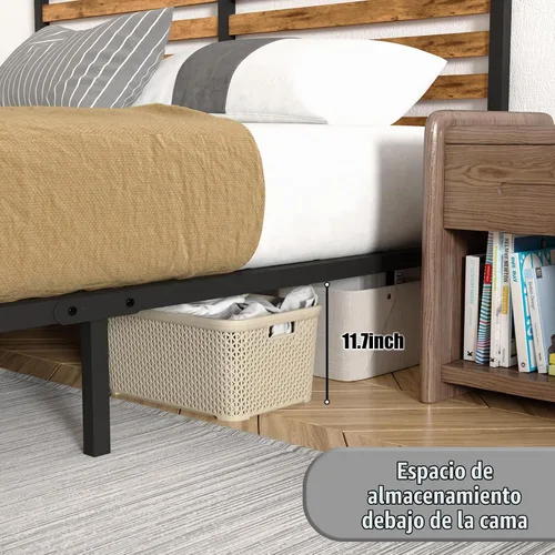 Vista 5 de Marco de cama de tamaño matrimonial con combinación de madera y metal, plataforma estable con soporte de listones de acero, cama doble, no necesita