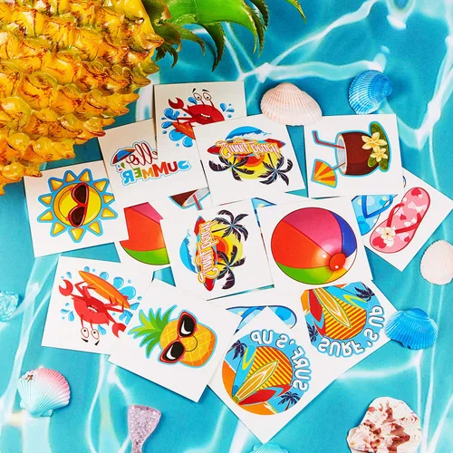 Vista 4 de Patelai 144 tatuajes temporales de verano, tatuajes de playa, hawaianos Luau, regalos de fiesta, calcomanías tropicales impermeables Hola verano