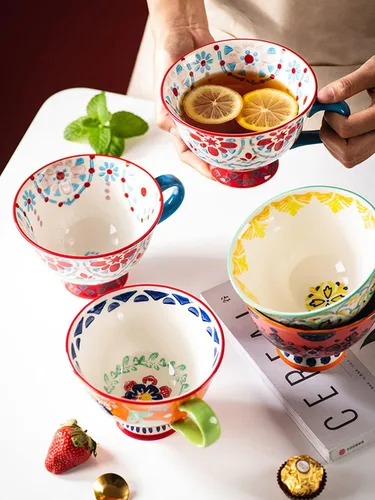 Vista 5 de Tazas de café de cerámica de gran capacidad pintadas a mano con patrón floral – Tazas jumbo, té, leche, cereales, taza de desayuno, juego de 4 – 14
