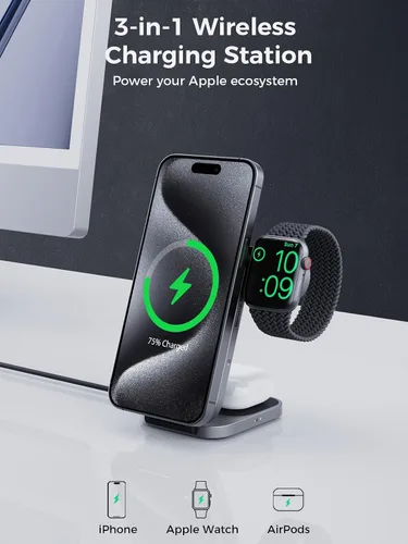 Vista 10 de Estación de carga 3 en 1, soporte de carga inalámbrico plegable con certificación MagFusion Z de 15 W, compatible con MagSafe para iPhone gris