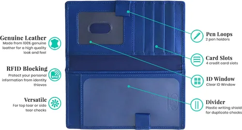 Vista 3 de RFID chequera de piel con ranuras para tarjetas de crédito y soporte para pluma.