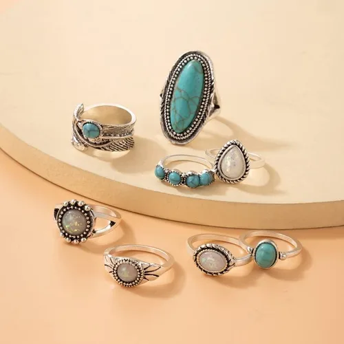 Vista 5 de Airvess Juego de anillos vintage para nudillos, anillos apilables de turquesa gruesa, anillos apilables de plata para los dedos, joyería bohemia