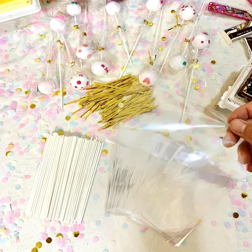 Vista 6 de 100 palitos para pastel de 5.9 pulgadas, 100 bolsas para tartas (5.9 x 3.1 pulgadas), 100 lazos metálicos dorados, para hacer paletas de bricolaje