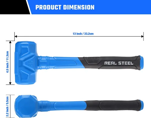 Vista 4 de REAL STEEL Martillo Dead Blow de 28 Oz Mazo de Goma Anti-Marcas y Resistente a Chispas con Cabezal Relleno de Perdigones de Acero Ideal