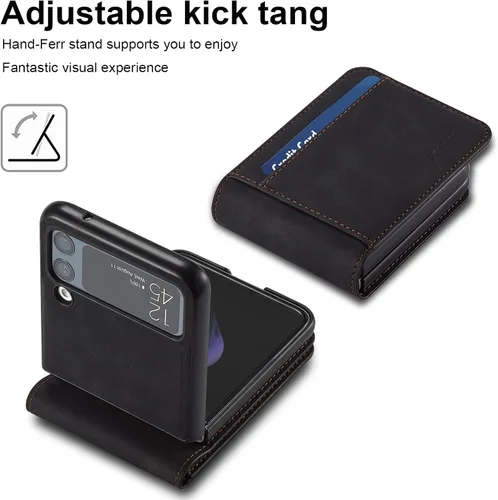 Vista 3 de Funda de piel con tapa para Samsung Galaxy Z Flip 3, con protección de bisagra, delgada y magnética tipo cartera [1 tarjetero], funda protectora a