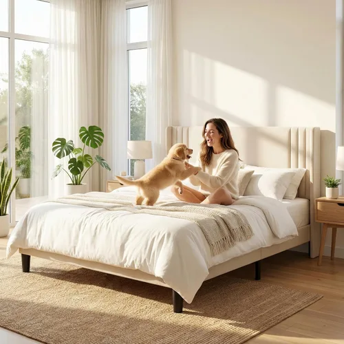 Vista 3 de Gizoon Base de cama matrimonial con cabecera con respaldo de ala, cama
