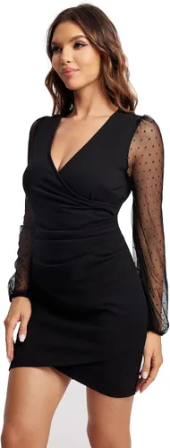 Vista 3 de WDIRARA Vestido corto ajustado de malla de manga larga con cuello cuadrado para mujer