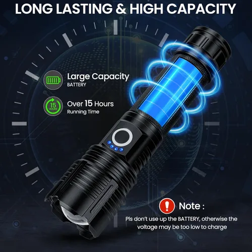 Vista 4 de BEFAMALI Paquete de 4 linternas recargables de alto lúmenes, luz de flash de 99000 lm, linternas LED brillantes ajustables con 5 modos y cable USB