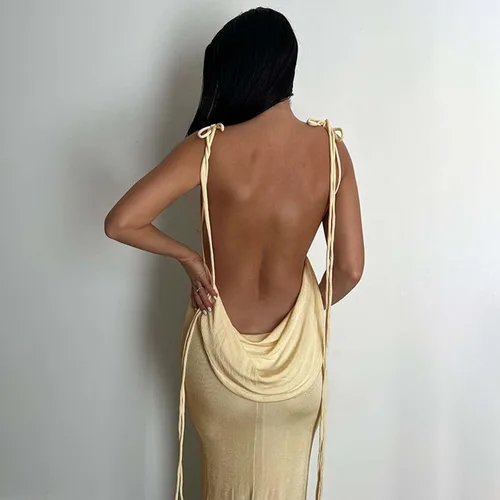 Vista 6 de FULA-bao Vestido sexy para mujer cuello halter espalda abierta ajustado con tirantes delgados hasta el suelo vestido de calle
